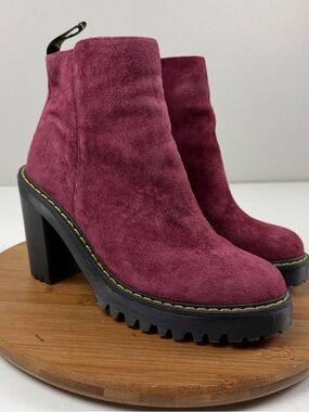 Dr. Martens Magdalena Burgundy Suede Chunky Heel Ankle Boots